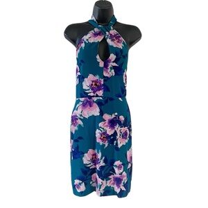 Charles Henry Green Floral Mini Halter Dress